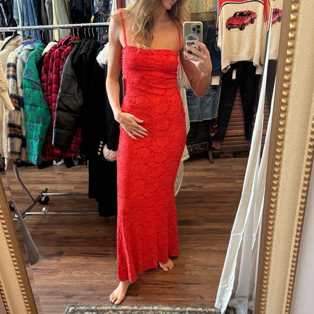 NIA Vetiver Square Neck Lace Long Dress